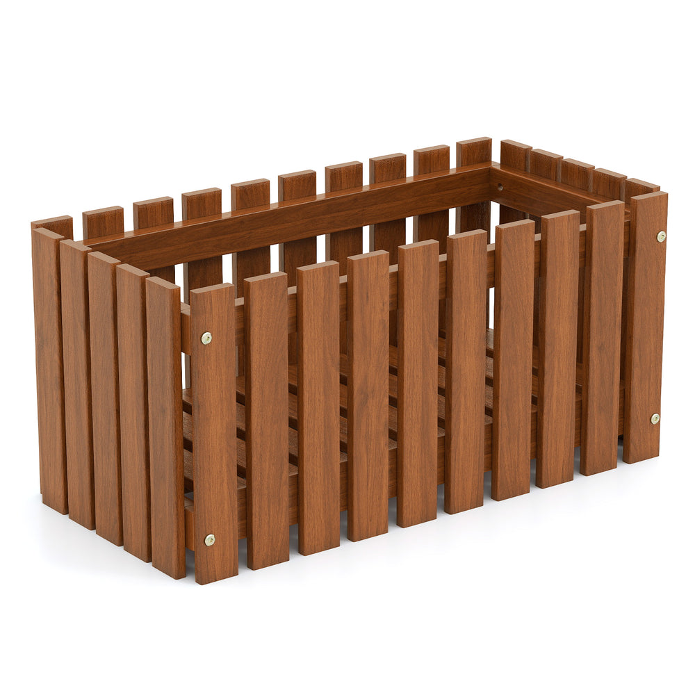 Solid wood raised garden bed with slat design, waterproof finish, ideal for flowers and vegetables in various outdoor.