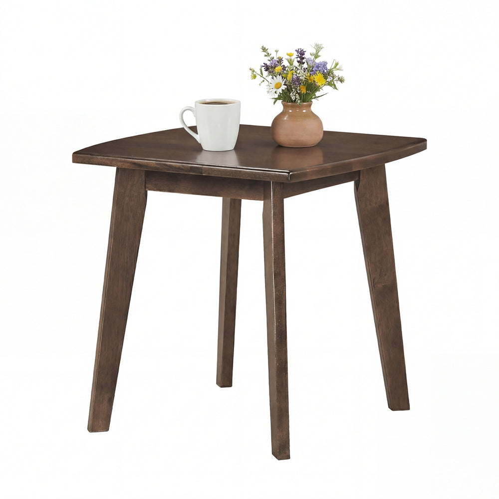 Solid wood square side table in walnut finish with curved edges, perfect for cups and snacks in any living space.