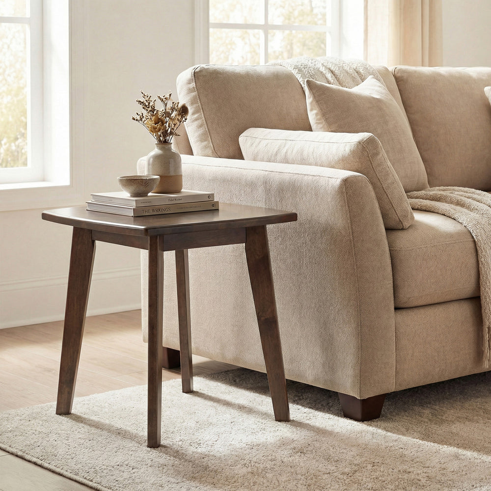 Solid walnut wood side table with a spacious square top and curved edges, perfect for lamps and snacks in any living.