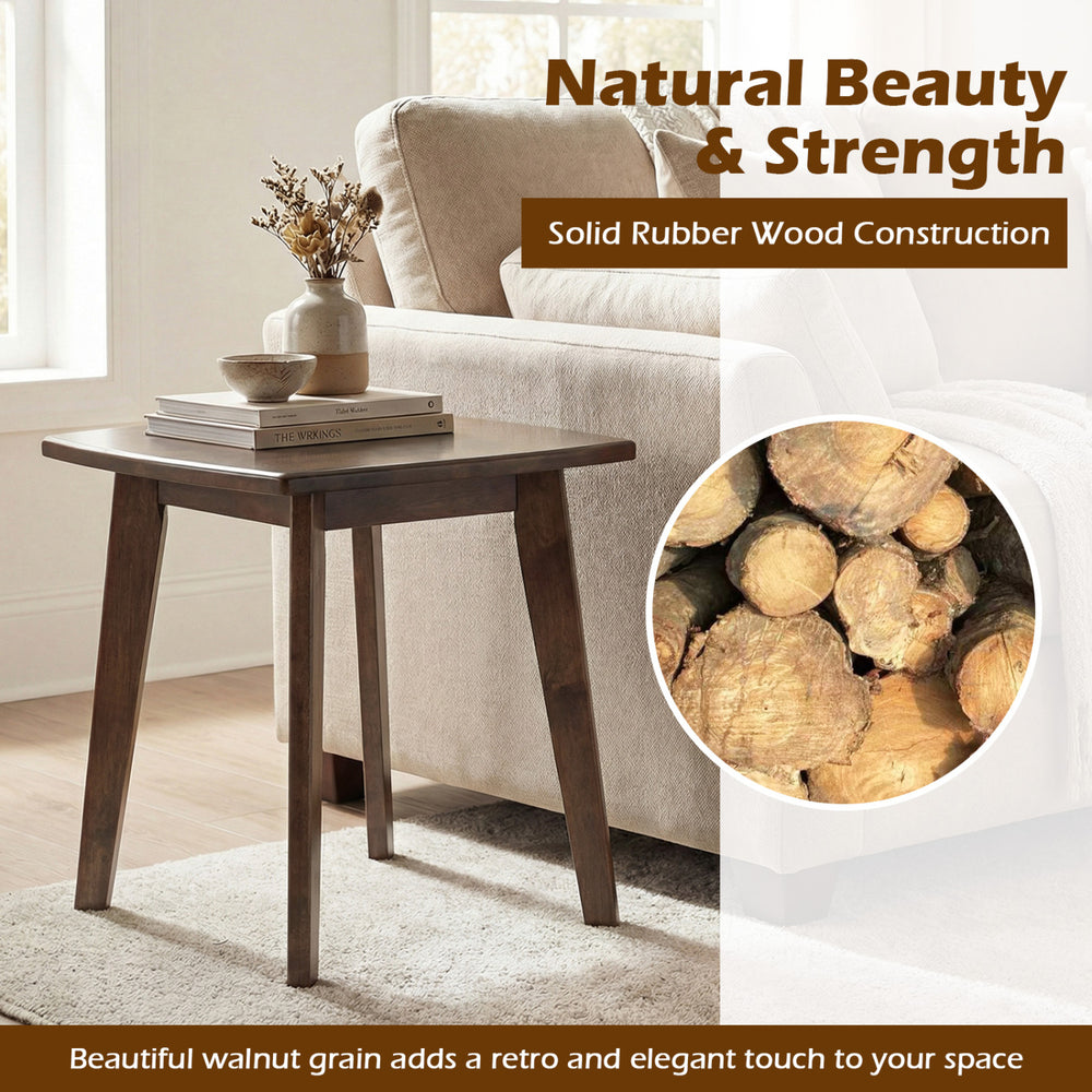 Solid rubber wood side table with walnut grain, featuring a spacious square top and curved edges for elegant decor.
