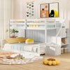 Solid Wood Twin Over Full Low Bunk Bed with Storage Stairs-White - Gallery View 1 of 10