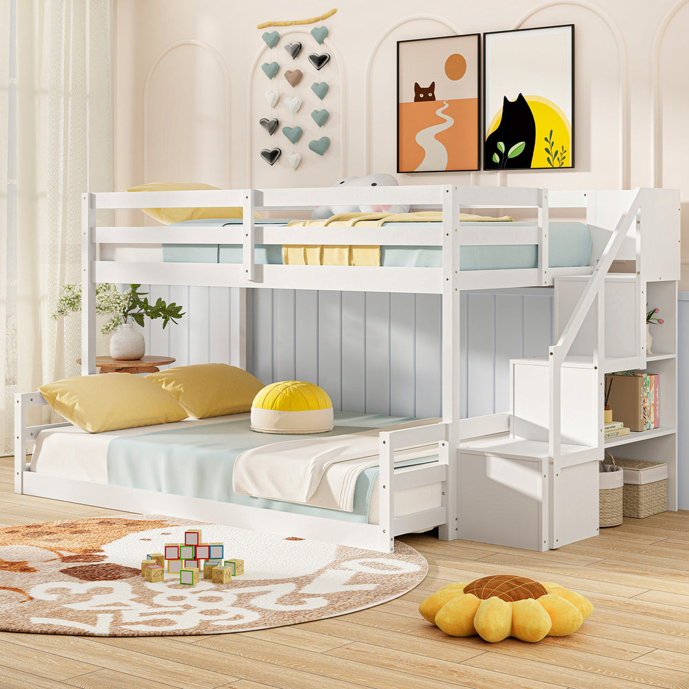 Solid Wood Twin Over Full Low Bunk Bed with Storage Stairs-White - Gallery View 1 of 10
