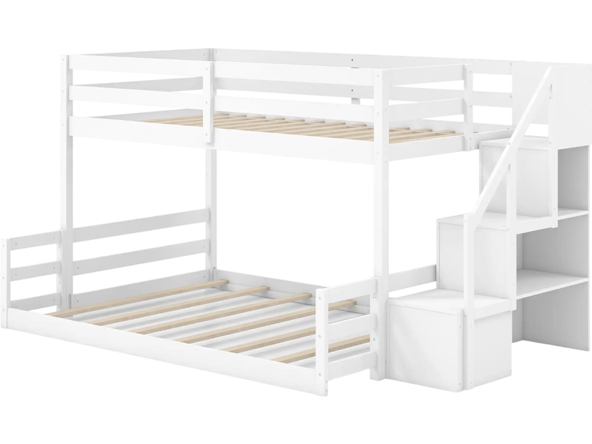 Costway Twin Over Full Solid Wood Low Bunk Bed with Storage Stairs 37692851 New