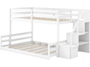 Twin over full low bunk bed in white with storage stairs and open compartments for kids' room organization.