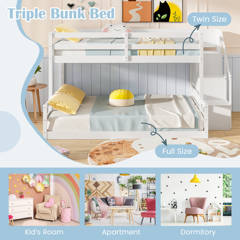 Solid wood twin over full low bunk bed with storage stairs in white, ideal for kids' rooms and dormitories.