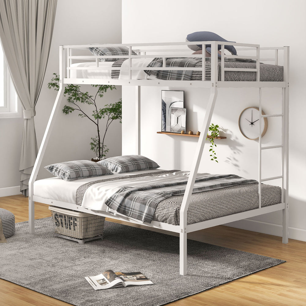 White metal slatted bunk bed frame with safety guardrails and 3-step ladder, perfect for teens and small spaces.