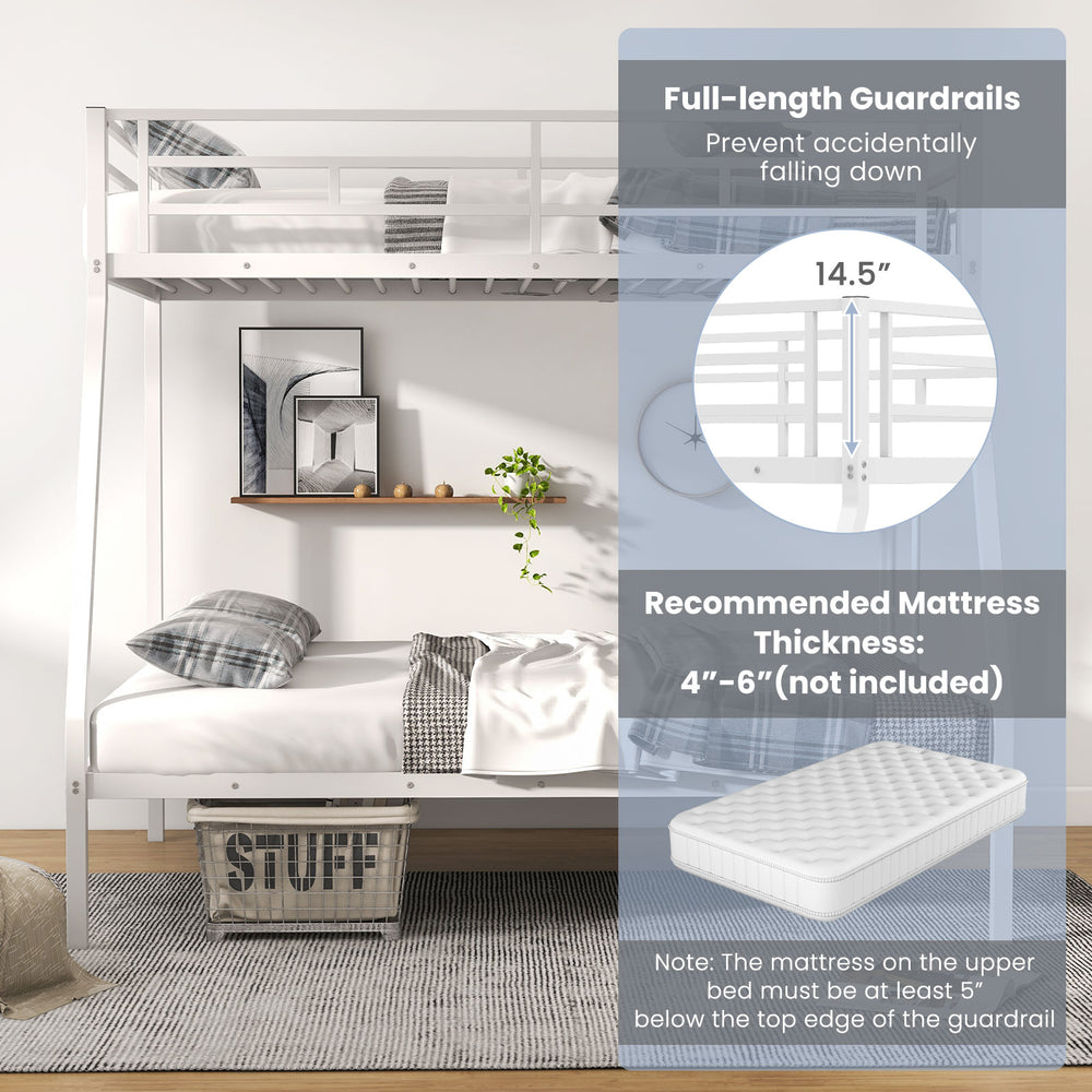 Space-saving white metal slatted bed frame with full-length guardrails and 3-step ladder, ideal for teens and adults.