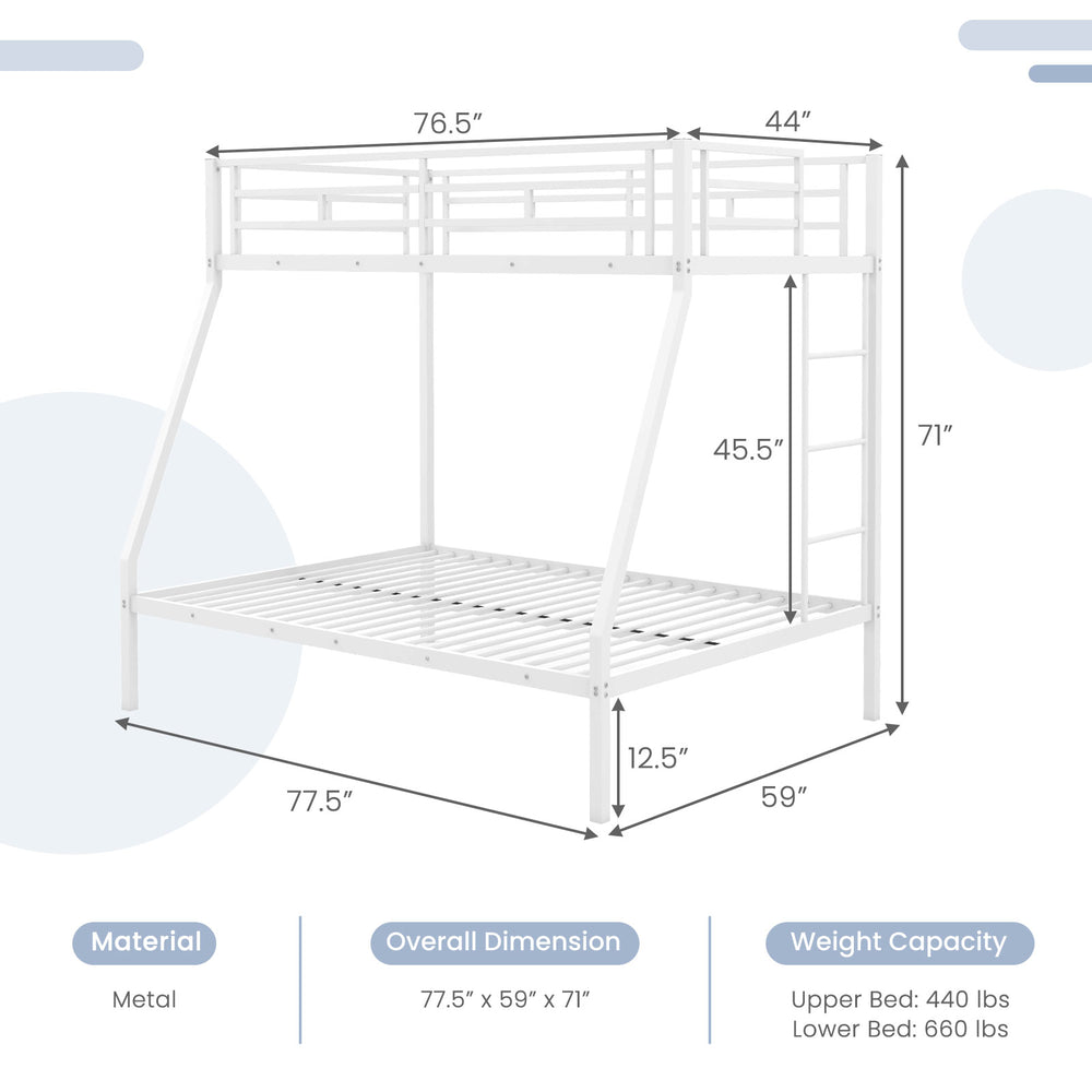 White metal slatted bed frame with safety guardrails and ladder, designed for teens and adults, no box spring needed.