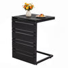C-shaped black side table with slatted wood-plastic top, perfect for indoor and outdoor use beside sofas or beds.