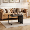 C-shaped black side table with slatted wood-plastic top, perfect for indoor and outdoor use beside sofas or chairs.