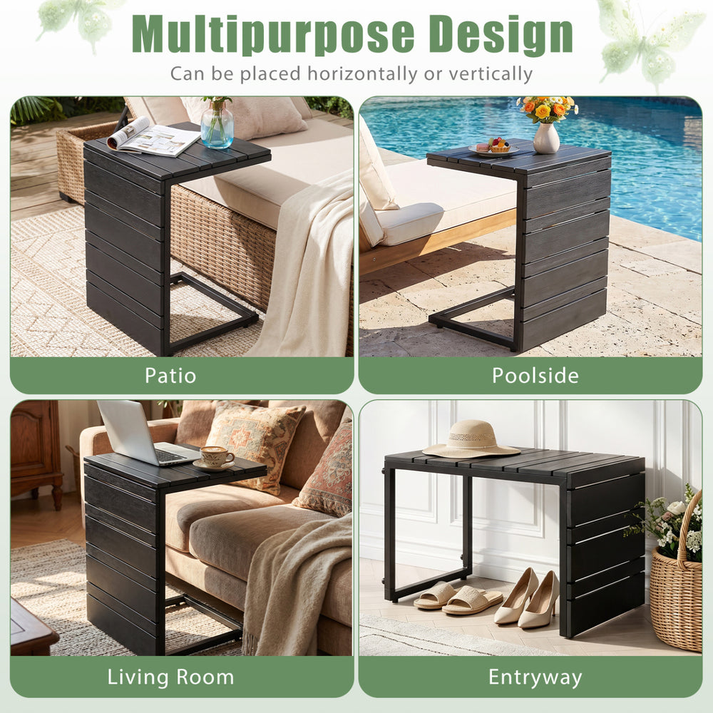 C-shaped black side table with wood-plastic top, perfect for indoor and outdoor use beside sofas or chairs.