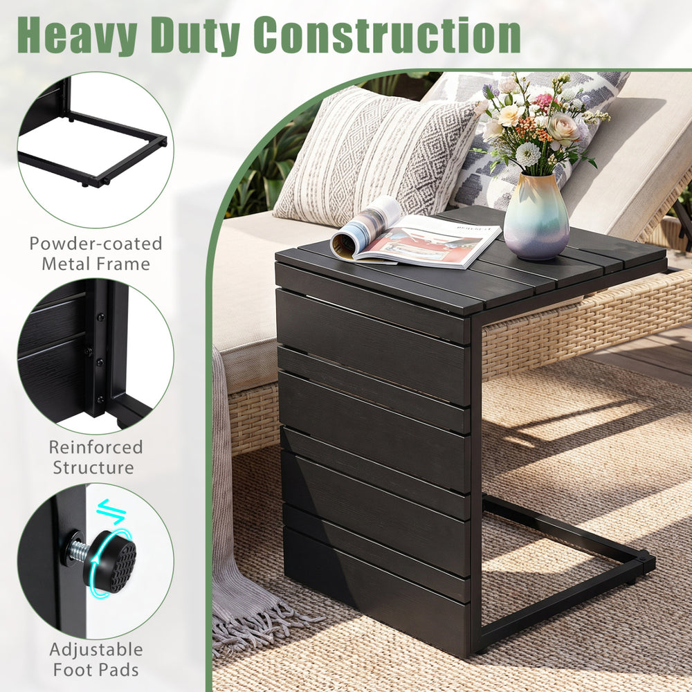 C-shaped black side table with wood-plastic top and heavy-duty metal frame, perfect for indoor and outdoor use.