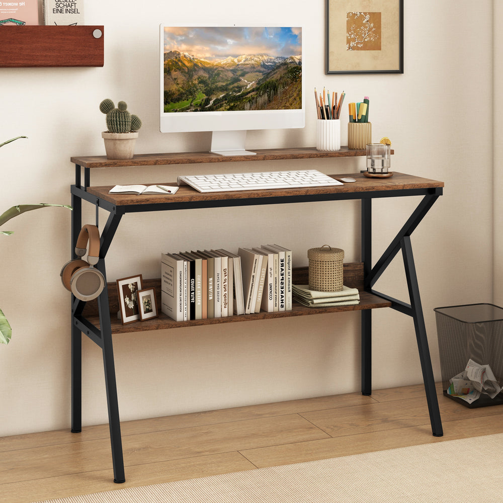 Space Saving Computer Desk with Monitor Stand and Extra Storage Shelf for Work Study-Rustic Brown - Gallery View 1 of 10