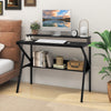 Black space-saving computer desk with monitor stand, extra storage shelf, and R-shaped metal frame for stability.