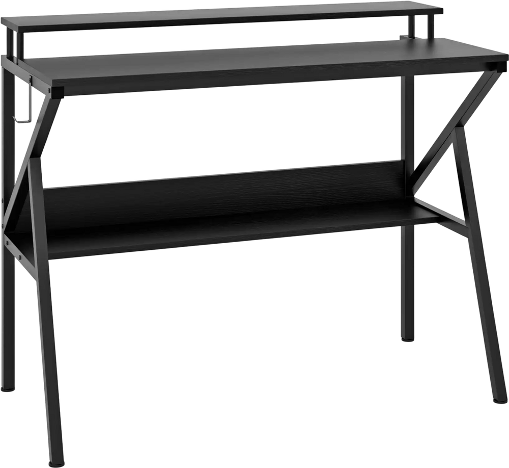 Black space-saving computer desk with monitor stand and extra storage shelf, featuring a sturdy metal frame and.