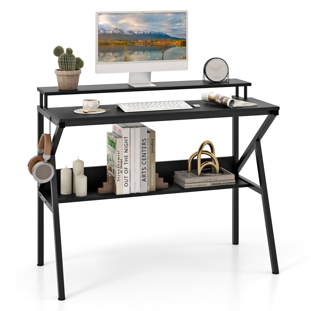 Black space-saving computer desk with monitor stand, extra storage shelf, and convenient hanging hook for work or study.