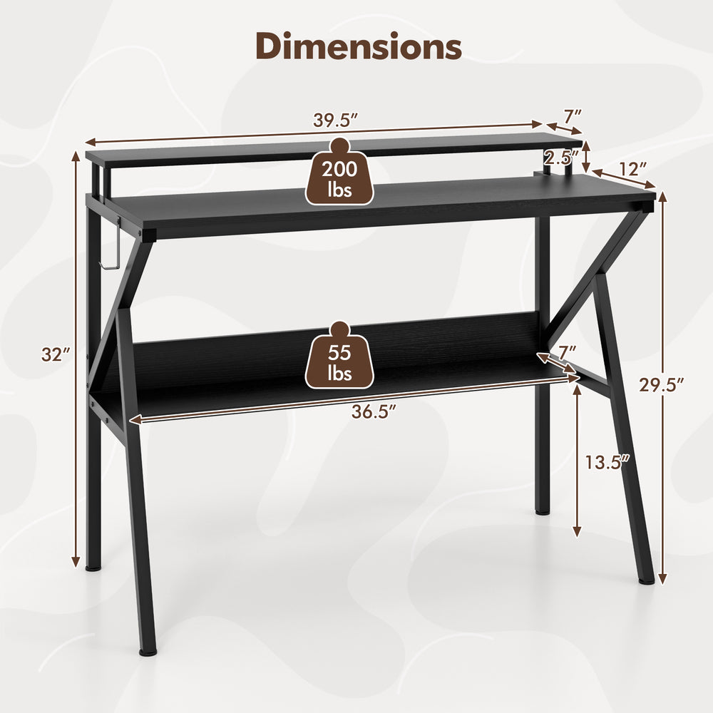 Dimensions of the black space-saving computer desk with monitor stand and extra storage shelf for work and study.