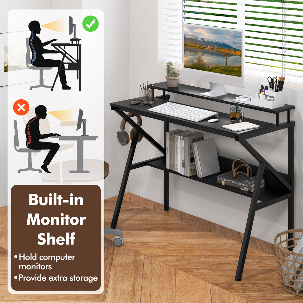 Space-saving black computer desk with built-in monitor shelf and extra storage, ideal for work and study.