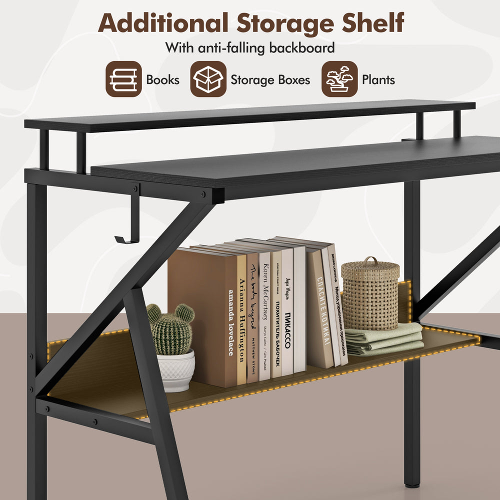 Additional storage shelf of a black space-saving computer desk, featuring books and storage boxes for organized.