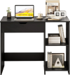 Black space-saving computer desk featuring a hidden compartment and open storage shelves, ideal for small spaces.
