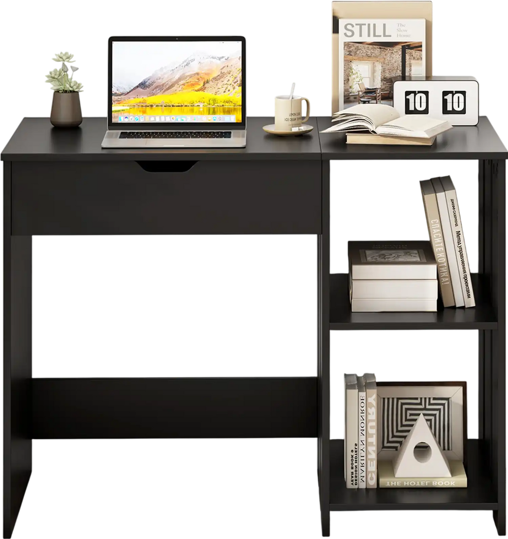 Black space-saving computer desk featuring a hidden compartment and open storage shelves, ideal for small spaces.
