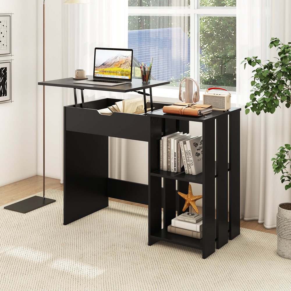 Black space-saving computer desk with lift-top mechanism, hidden compartment, and open storage shelves for compact.