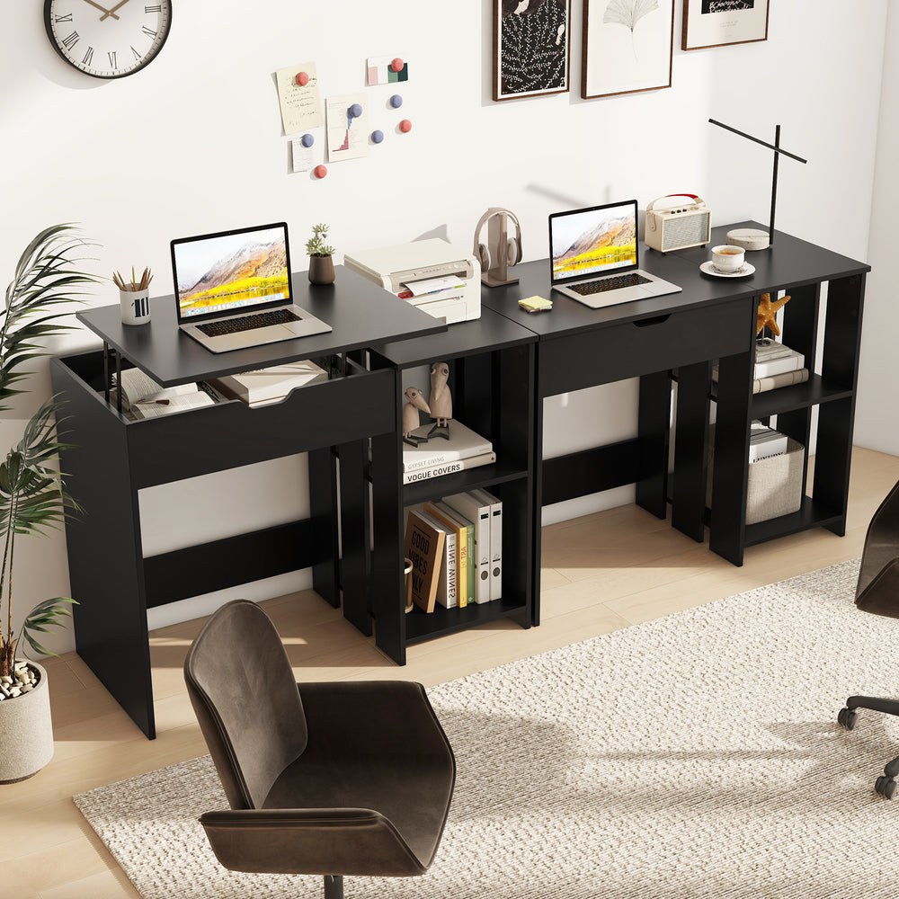 Black space-saving computer desk featuring open storage shelves and a hidden compartment, ideal for small spaces.
