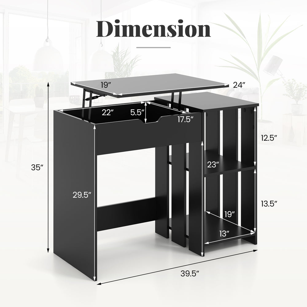 Space saving black computer desk with dimensions, featuring a lift-top mechanism and open storage shelves for compact.
