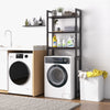 Brown metal over-the-toilet storage shelf with three tiers and hooks, ideal for organizing toiletries and towels.