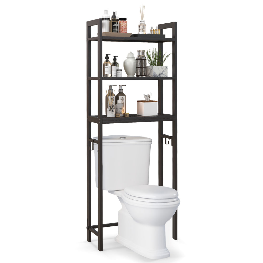 Over-the-toilet storage shelf in brown metal with three shelves and hooks, ideal for organizing bathroom essentials.