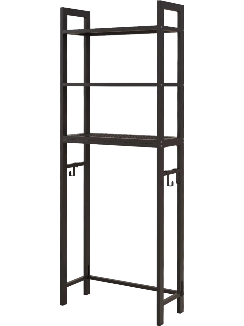 Brown over-the-toilet storage shelf with three shelves and hooks, ideal for organizing bathroom essentials in small.