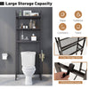 Over-the-toilet storage shelf in brown with 3 tiers and 3 detachable hooks for organizing bathroom essentials.