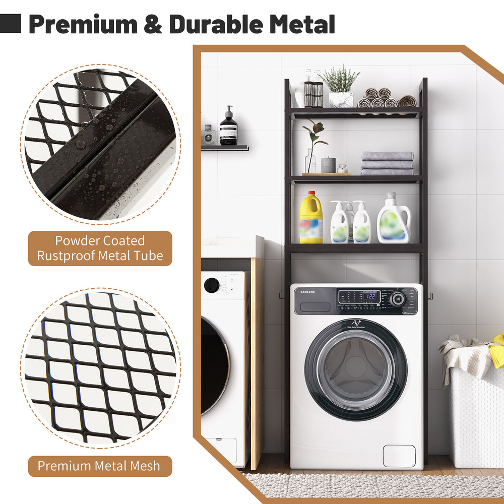 Over-the-toilet storage shelf in brown with three shelves and hooks, made of durable rustproof metal for bathroom.