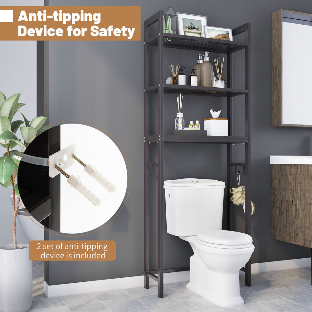Over-the-toilet storage shelf in brown with three shelves and hooks, featuring anti-tipping device for bathroom safety.