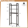 Over-the-toilet storage shelf in brown with three shelves and hooks, ideal for organizing bathroom essentials.