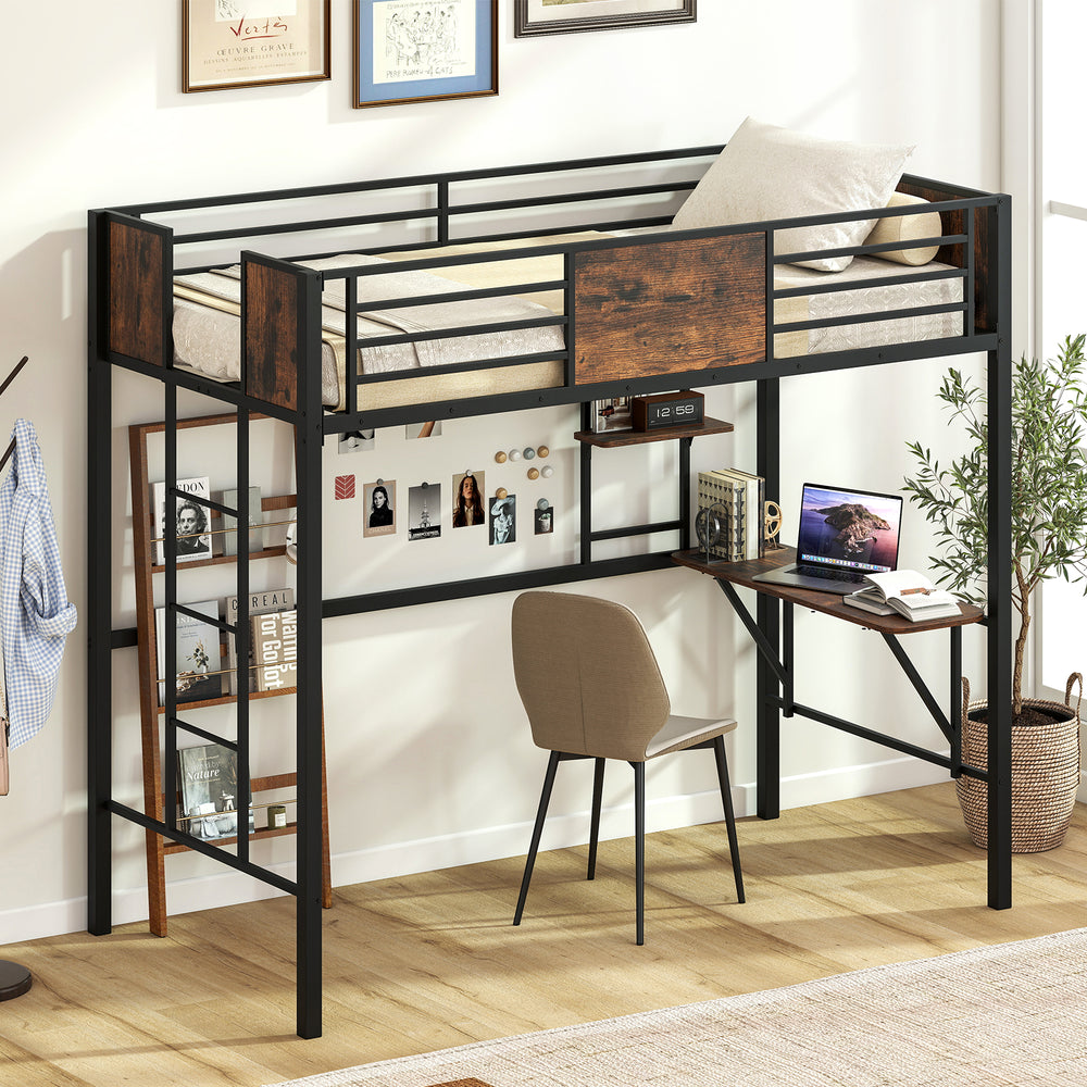Twin loft bed with safety guardrail, built-in desk, and storage space, perfect for maximizing small areas.