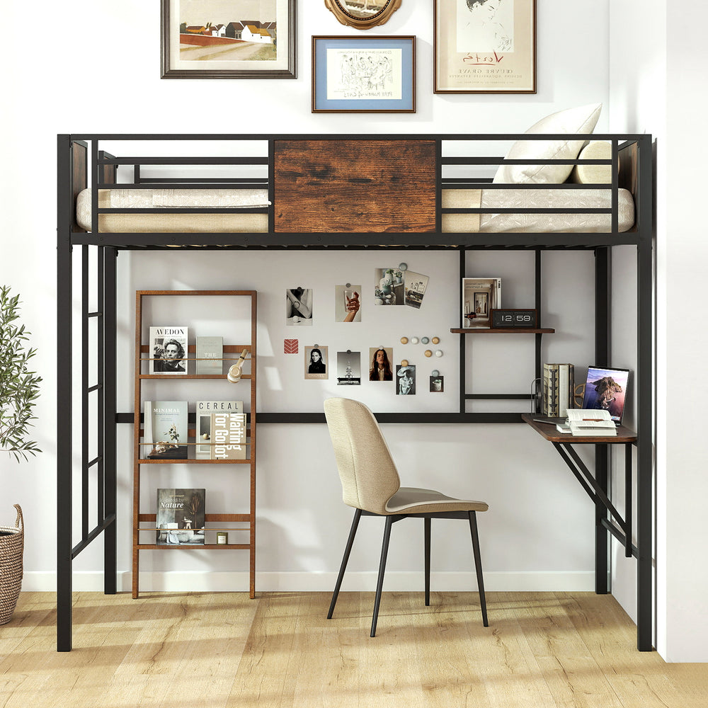 Twin loft bed with safety guardrail, built-in desk, and ladder, perfect for space-saving in small rooms.