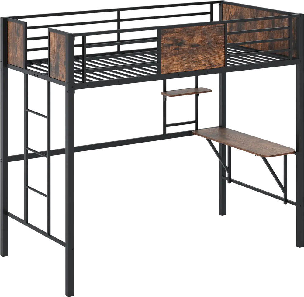Twin loft bed with safety guardrail, built-in desk, and ladder, featuring a coffee finish for space-saving solutions.
