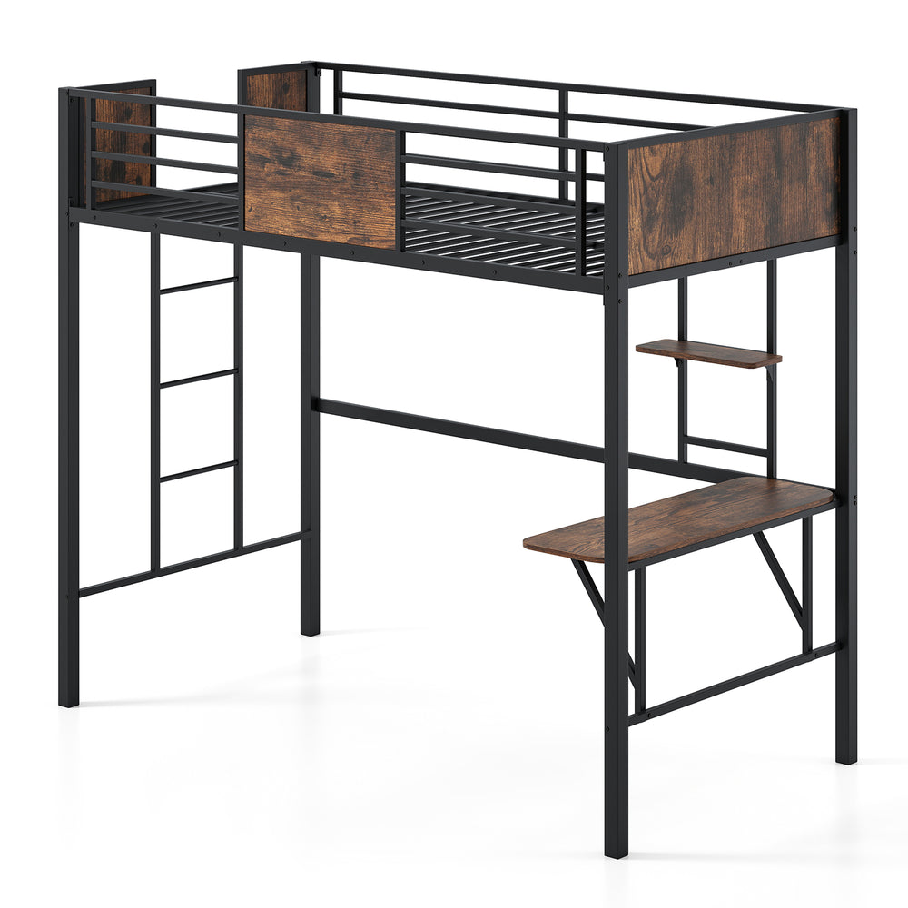 Twin loft bed in coffee finish with safety guardrail, built-in desk, and ladder for space-saving functionality.