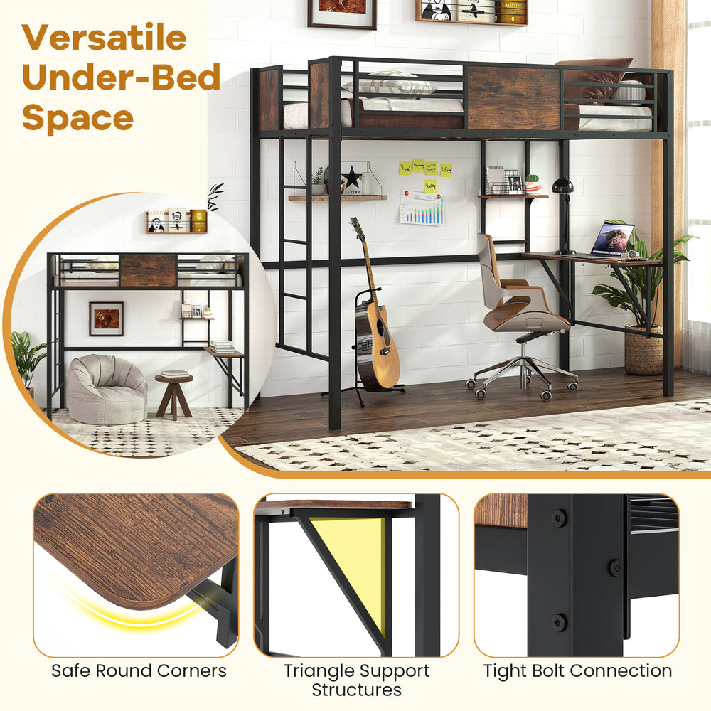 Twin loft bed with safety guardrail, built-in desk, and versatile under-bed space for storage and leisure.
