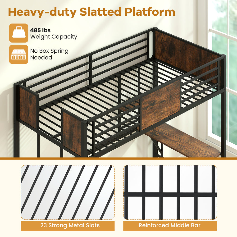 Space-saving twin loft bed with safety guardrail, heavy-duty slatted platform, and built-in desk for versatile storage.