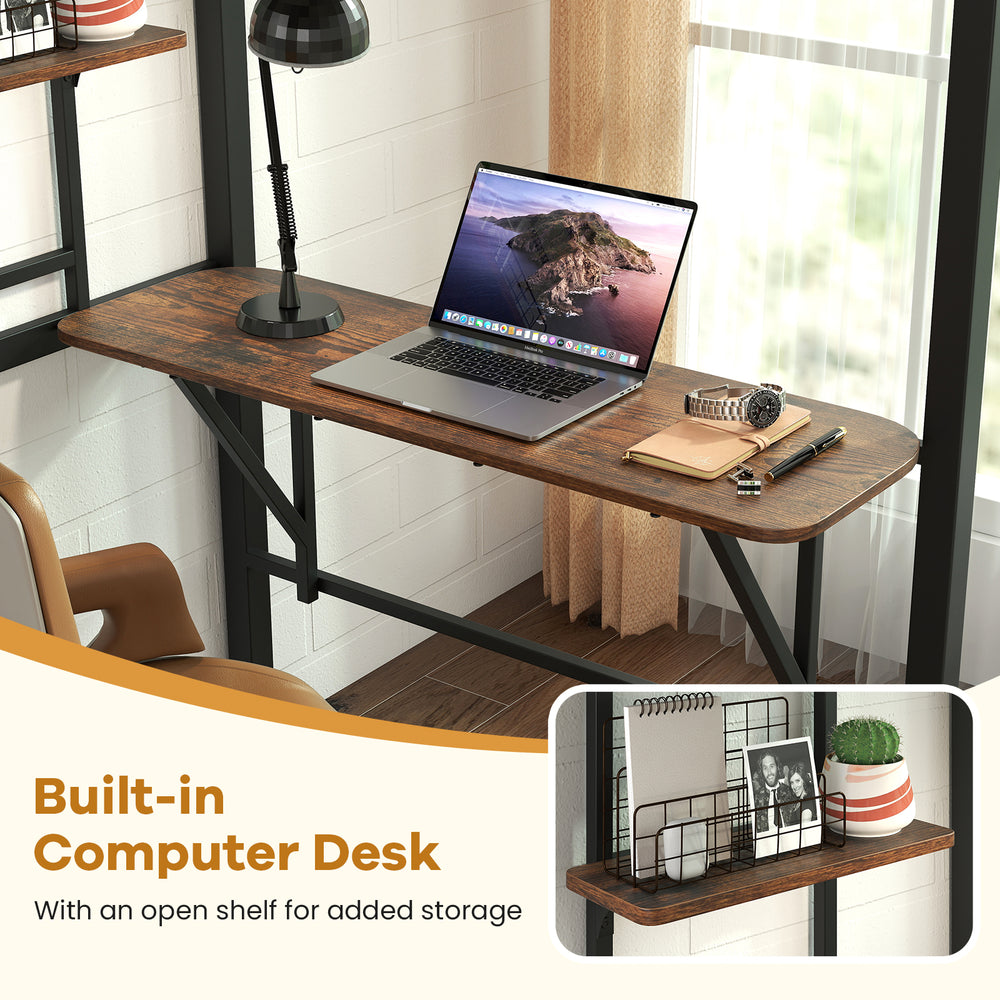 Built-in computer desk with open shelf, featuring a rustic design for added storage in a twin loft bed setup.