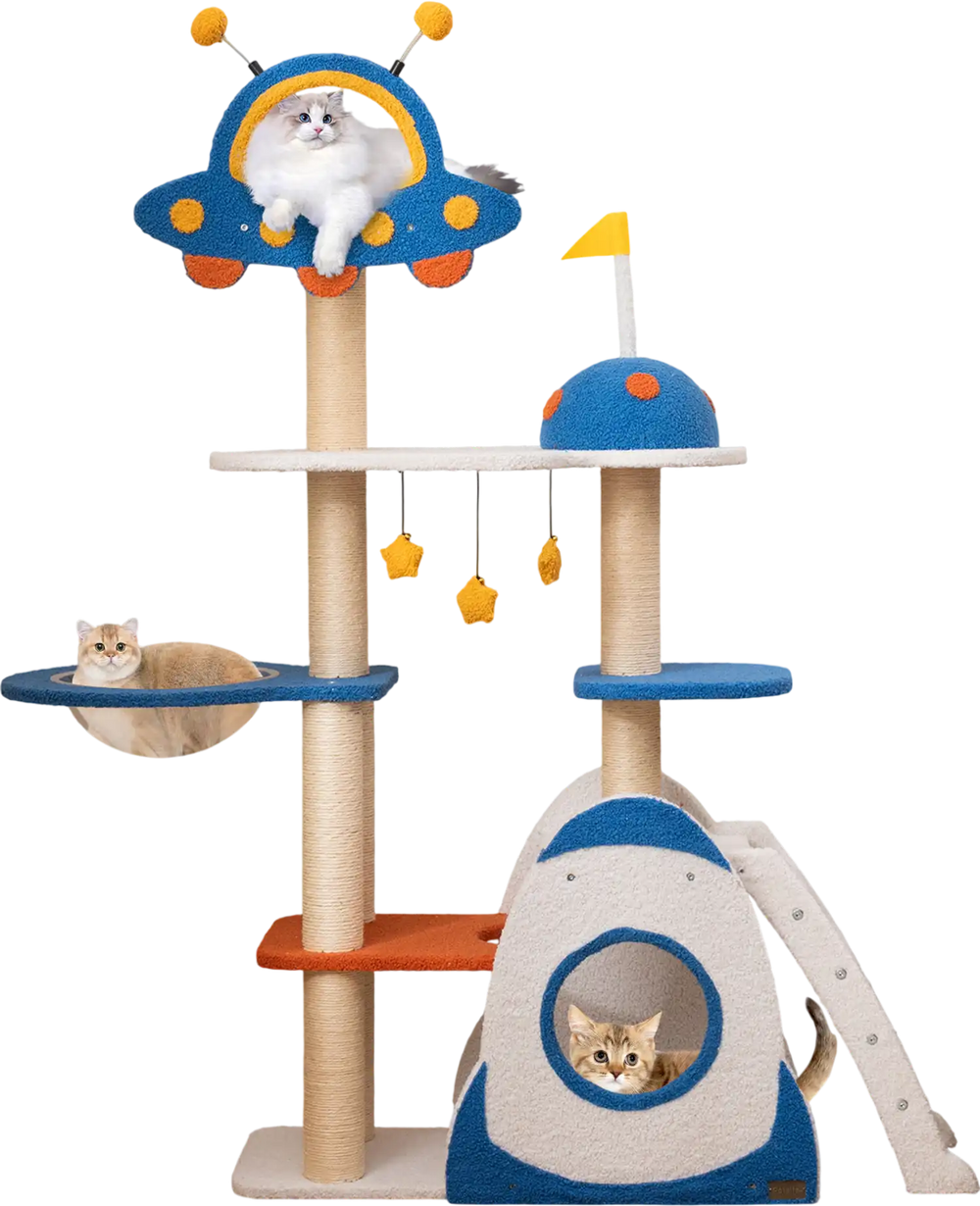 Spacious cloud-shaped platform of the Space Theme Cat Tree, perfect for lounging and observing in comfort.
