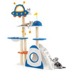 Multi-level space theme cat tree with UFO perch, sisal scratching posts, and plush platforms for climbing and lounging.