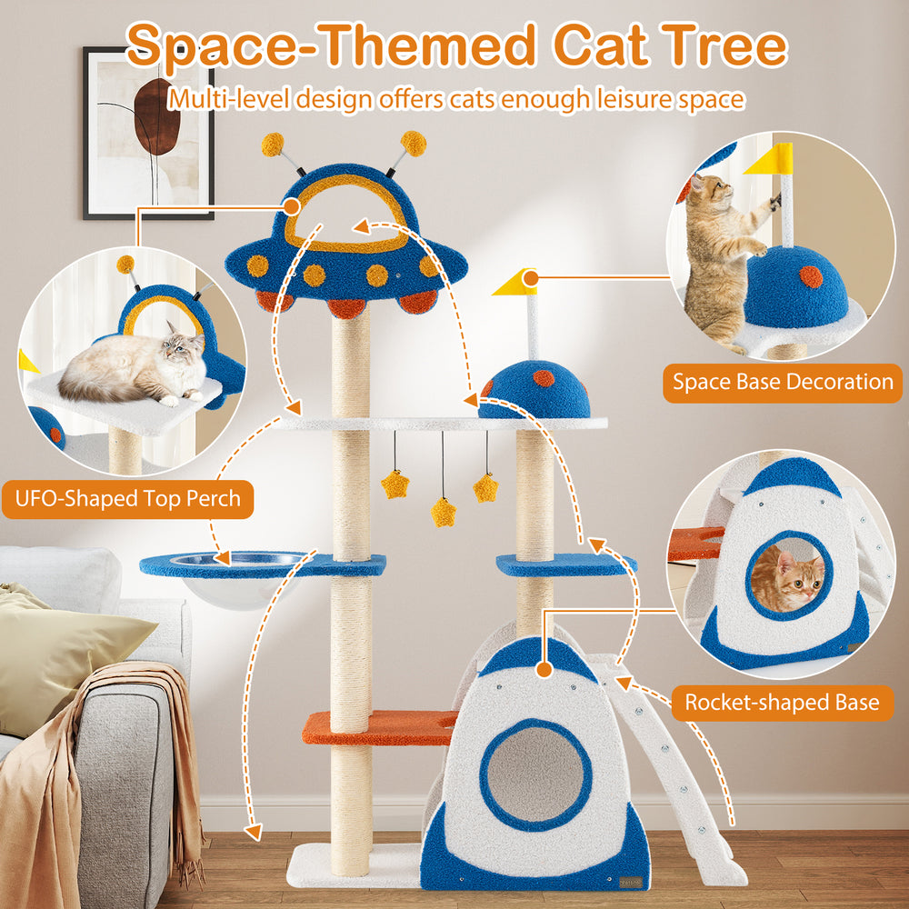 Multi-level space-themed cat tree with UFO-shaped perch, sisal scratching posts, and plush fabric for climbing and.