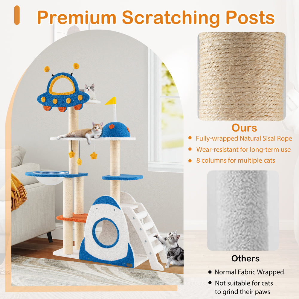Space theme multi-level cat tree with sisal-covered scratching posts, UFO perch, and plush platforms for playful cats.