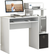 Compact white computer desk with pull-out keyboard tray, open shelf, and storage bin for small spaces and home offices.