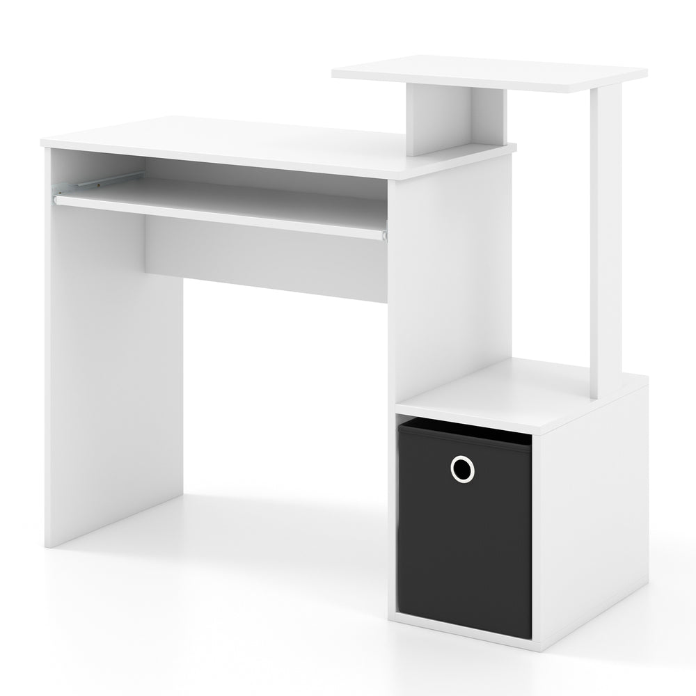 White space-saving computer desk with pull-out keyboard tray and black fabric storage bin, ideal for small spaces.