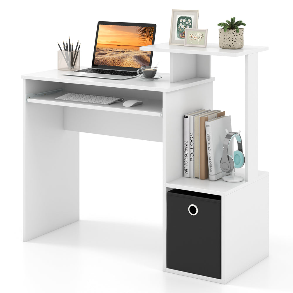 Space-saving white computer desk with pull-out keyboard tray, open shelf, and storage bin for compact workspaces.