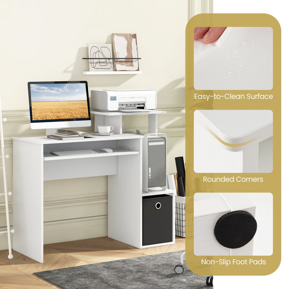 Space-saving white computer desk with pull-out keyboard tray, rounded corners, and easy-to-clean surface for small.